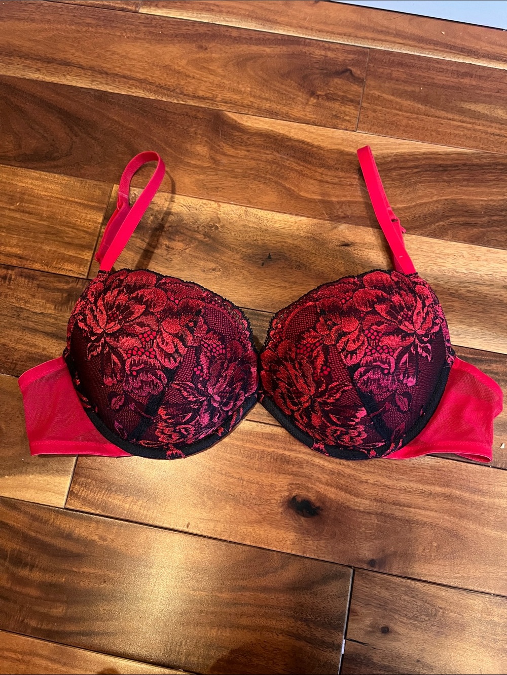 La SENZA Red & Black Floral Lace Push-Up Bra